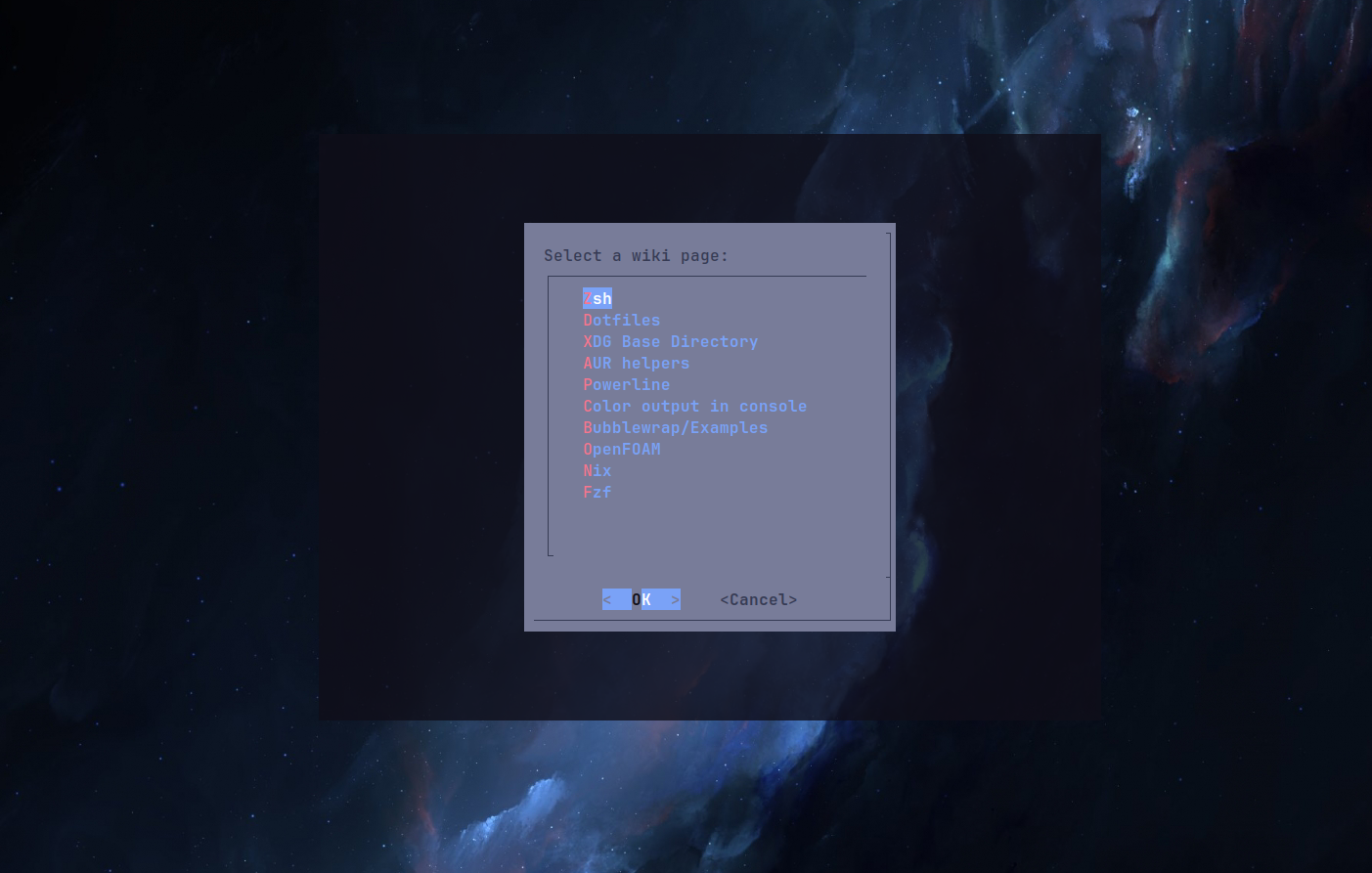wiki-search zsh output